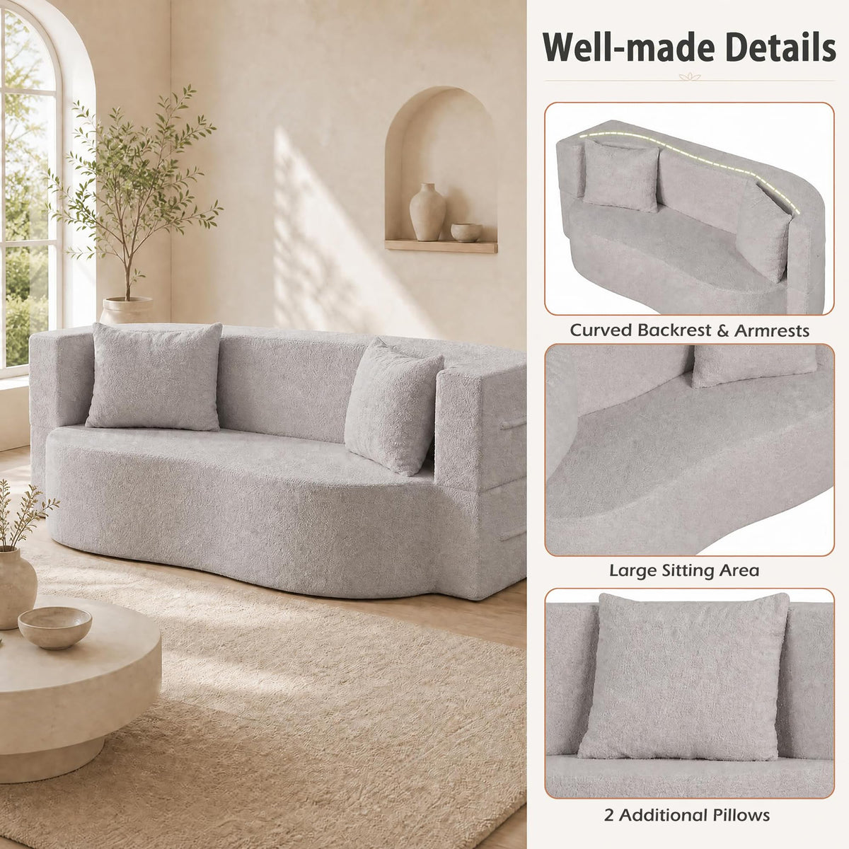 KOMFOTT 2-in-1 Folding Sofa Bed Convertible Loveseat Sofa in Teddy Fleece