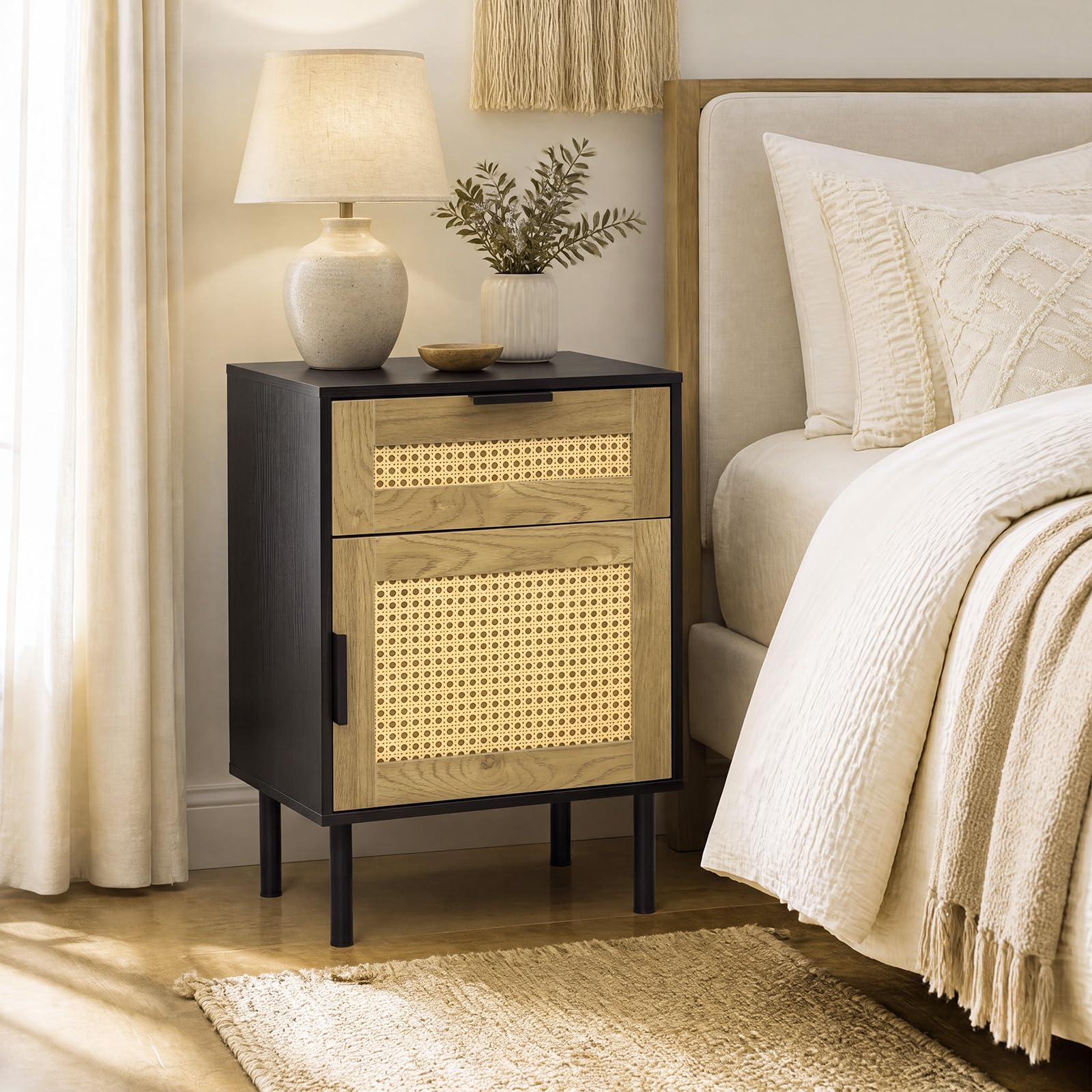 KOMFOTT Set of 2 Rattan Nightstand w/Drawer & Storage Cabinet