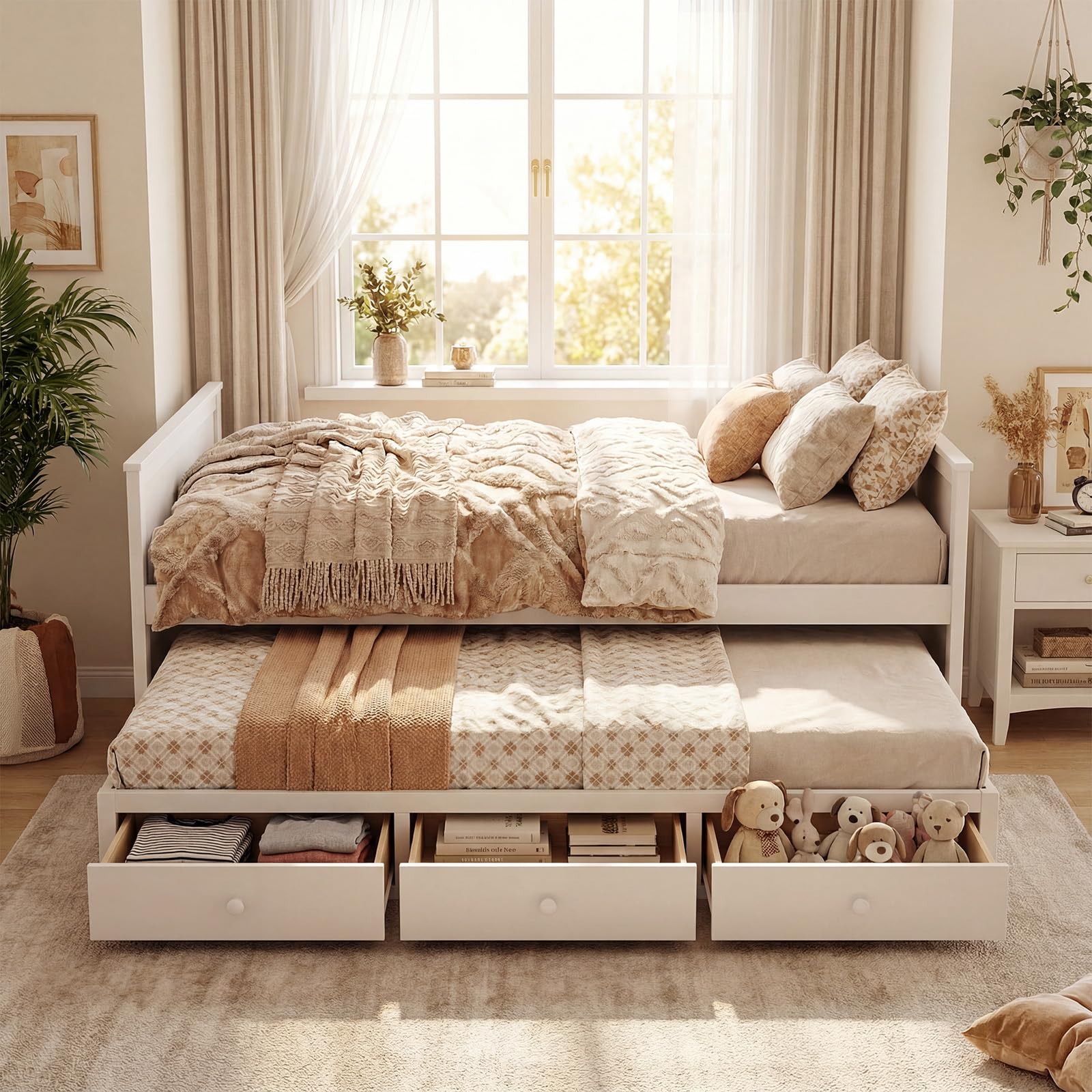 KOMFOTT Wood Full Trundle Bed with 3 Storage Drawers