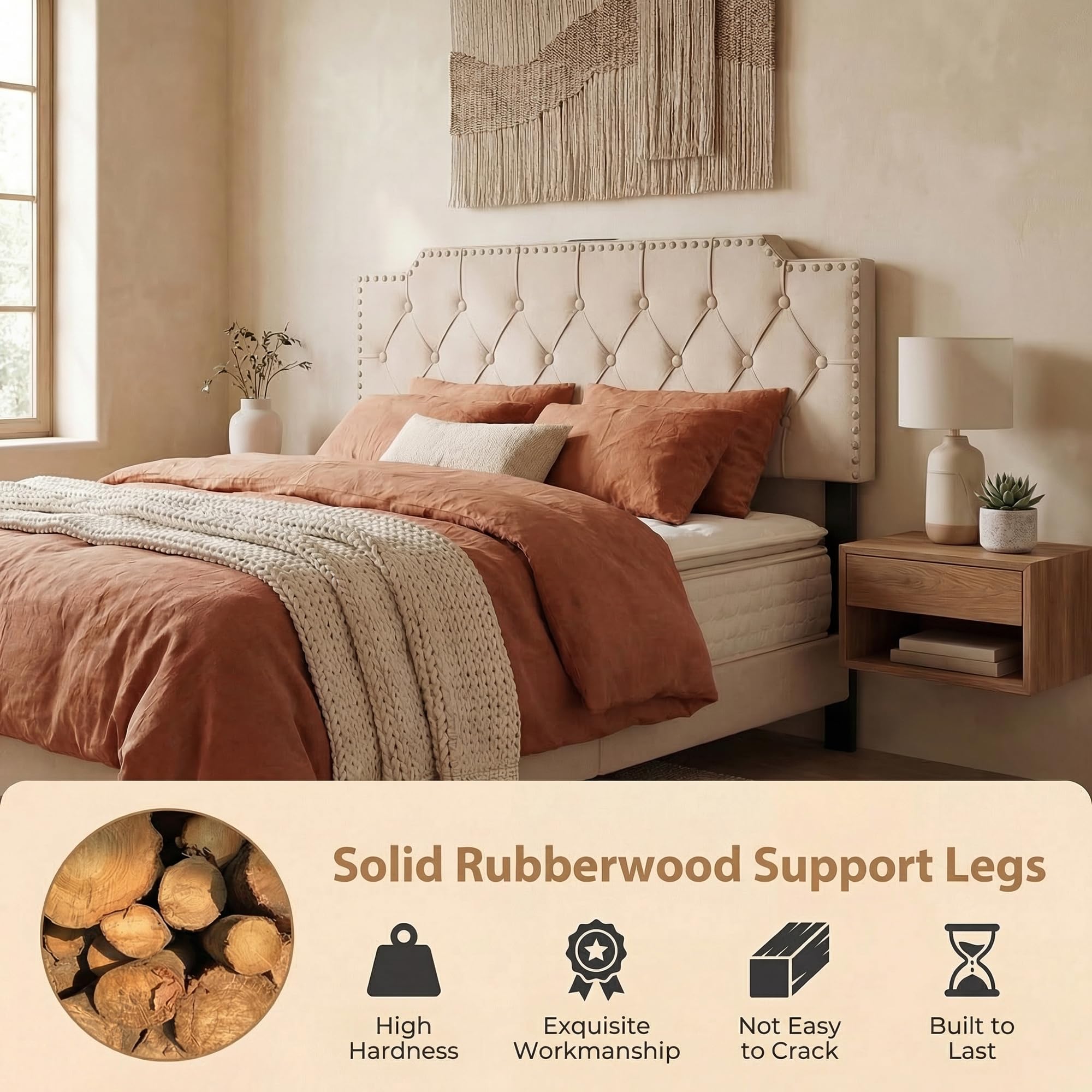 KOMFOTT Riveted Upholstered Headboard with Charging Station for Full & Queen Size Bed Frame