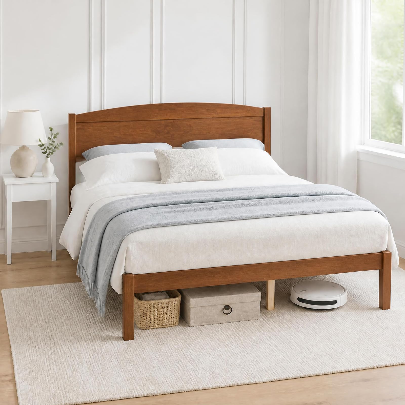 KOMFOTT Full/Twin/King/Queen Size Bed Frame Wooden Platform Bed with Curved Headboard