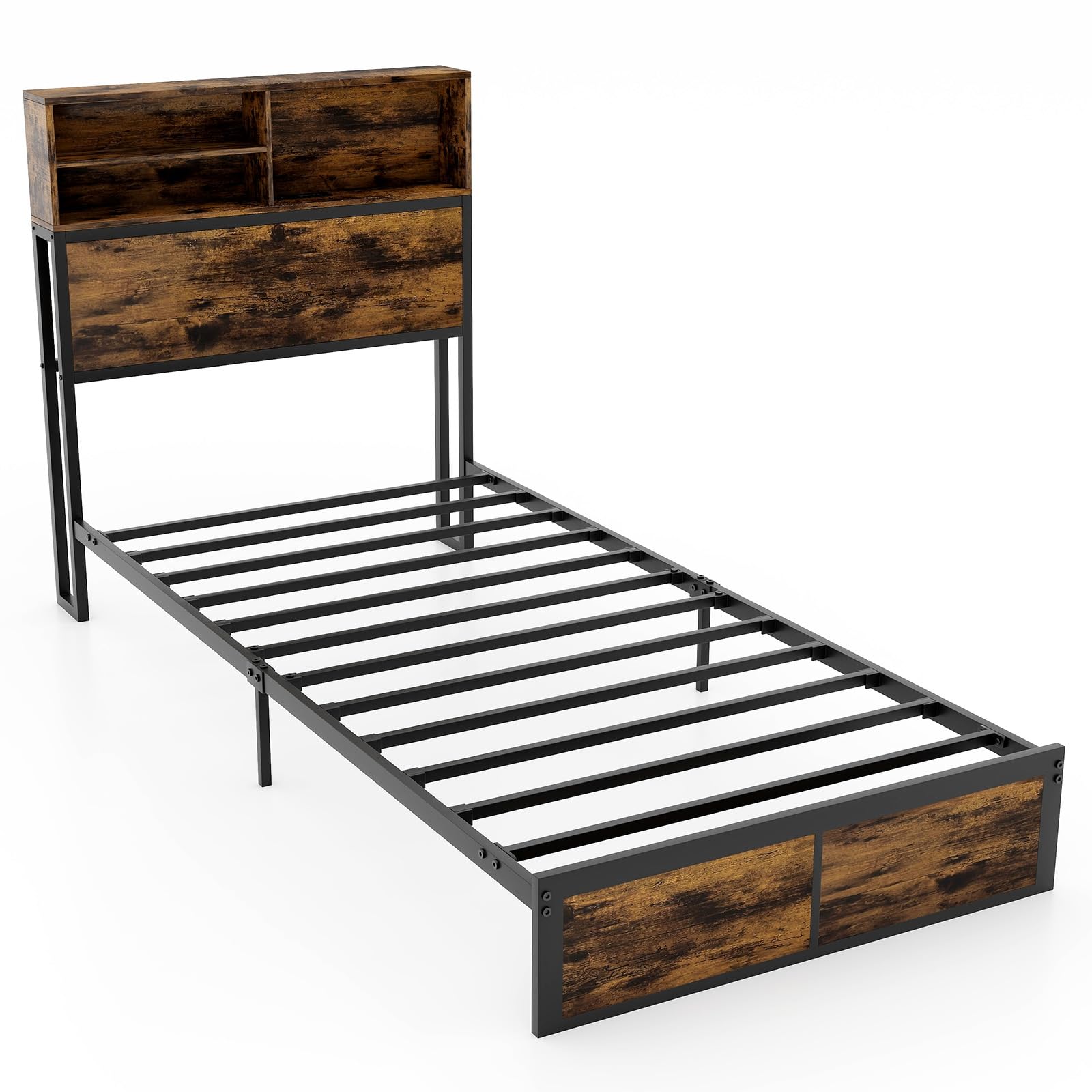 KOMFOTT Metal Platform Bed Frame with Storage Headboard & Charging Station
