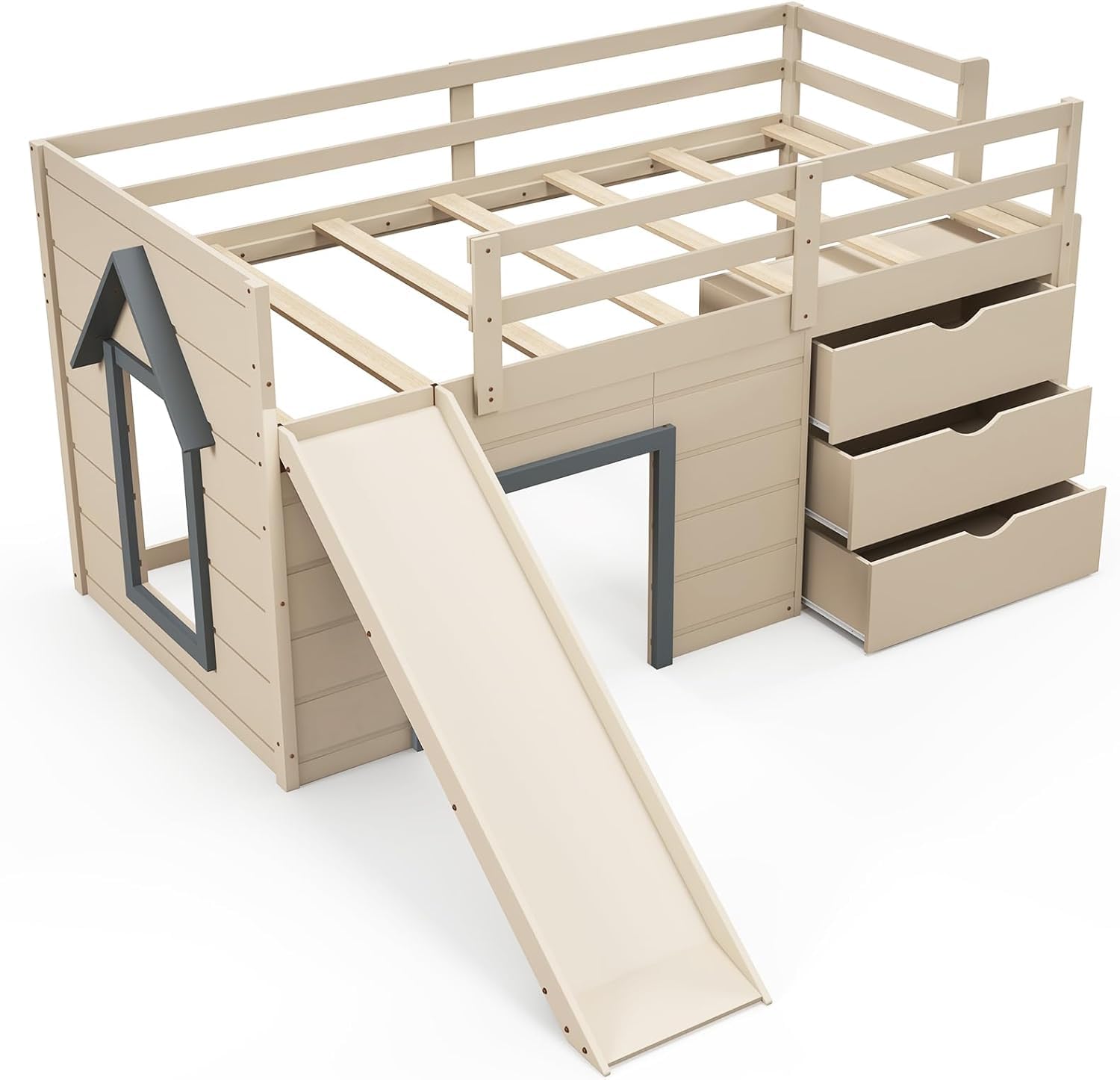 KOMFOTT Twin Low Loft Bed with 3 Storage Drawers & Underneath House