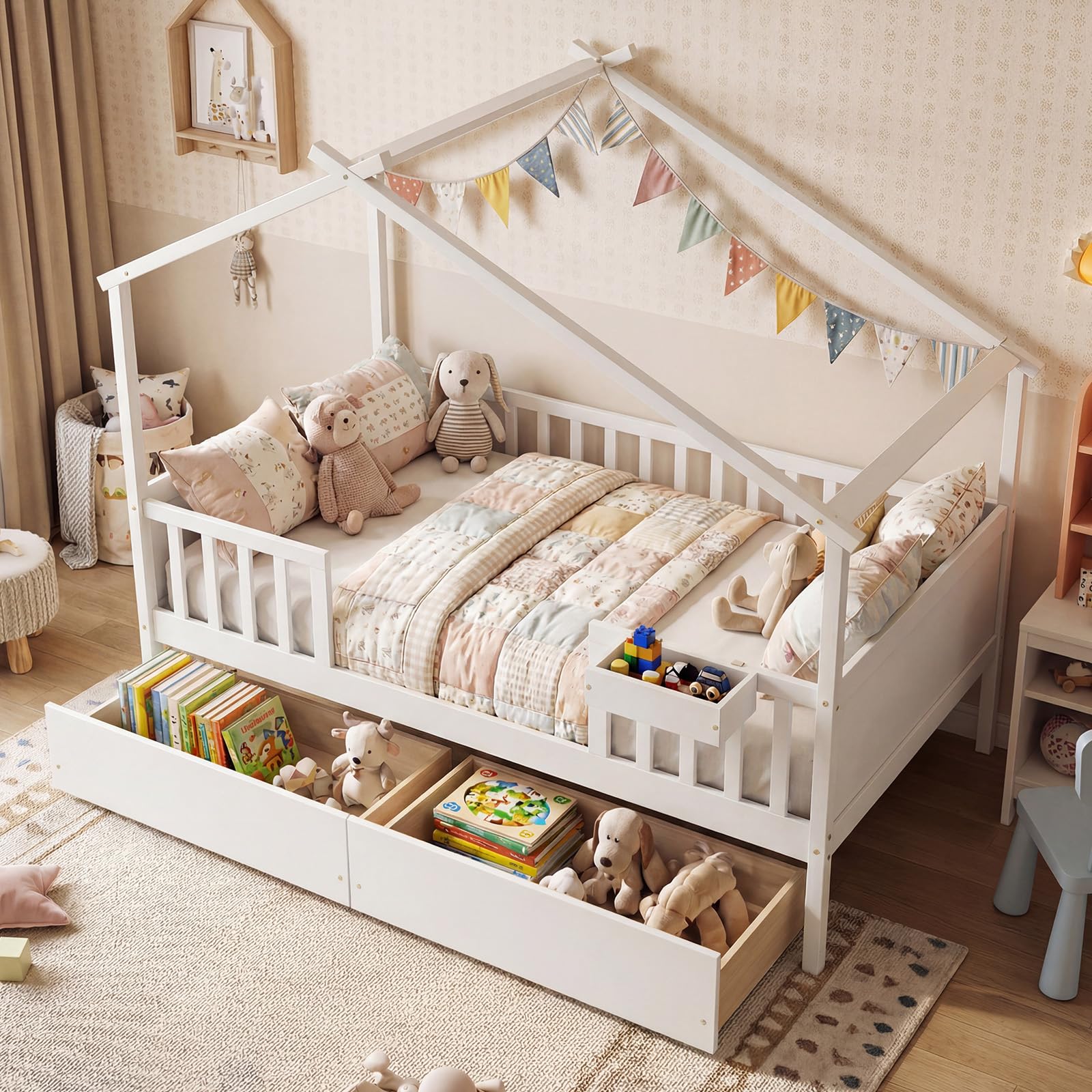 KOMFOTT Full Size House Bed for Kids with 2 Rolling Drawers & Roof & Fence Rails
