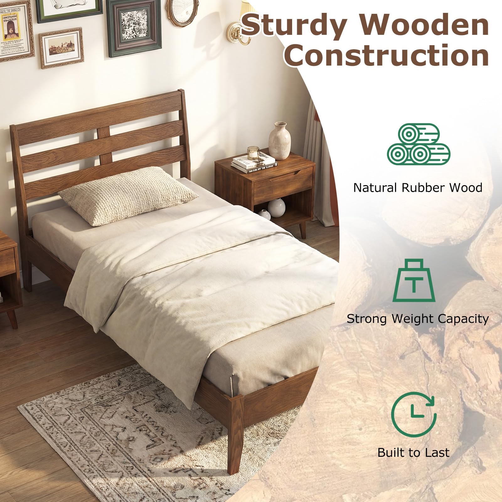 KOMFOTT Twin/Full/Queen Size Rubber Wood Bed Frame with Headboard
