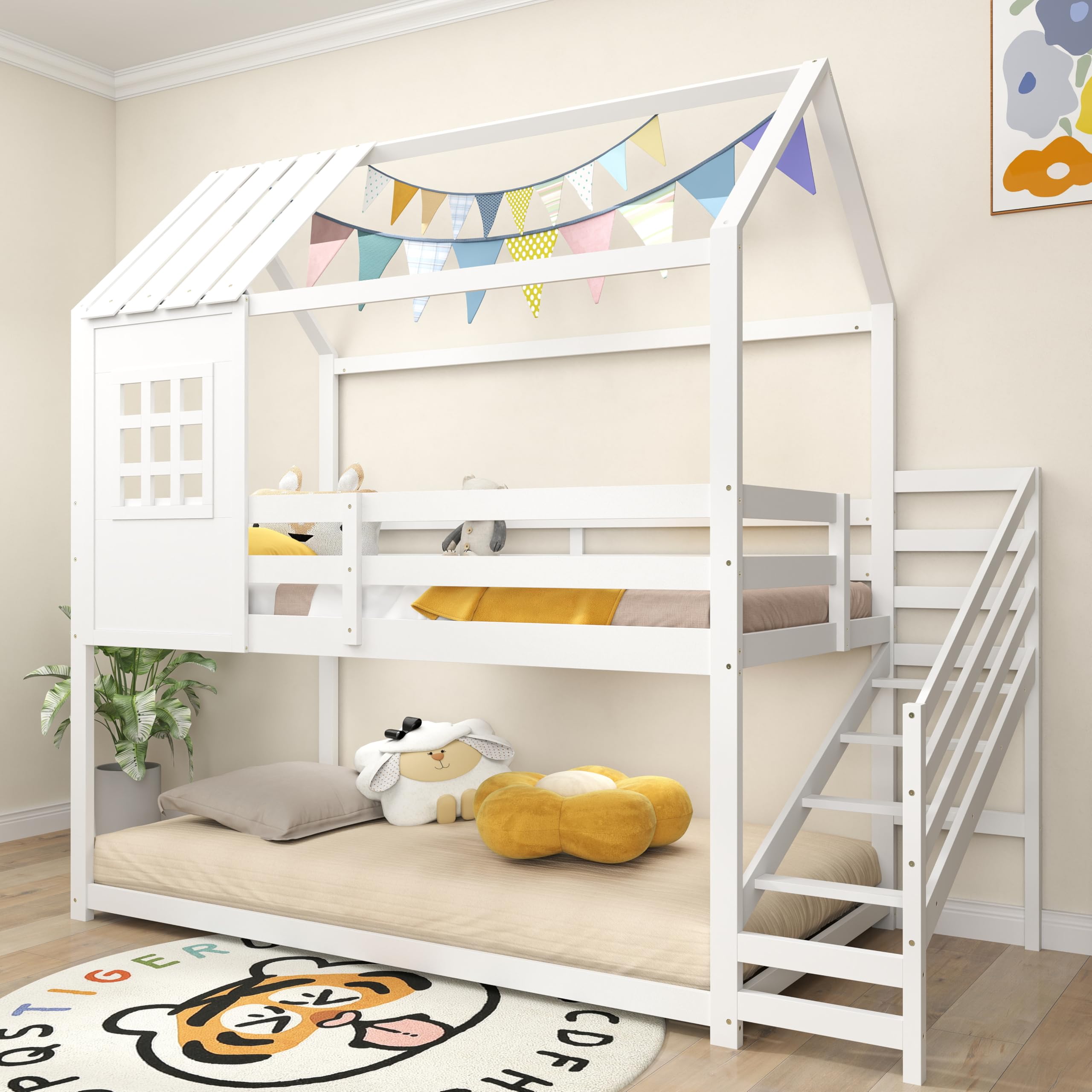 KOMFOTT Wood Twin Over Twin House Bunk Bed with Stairs