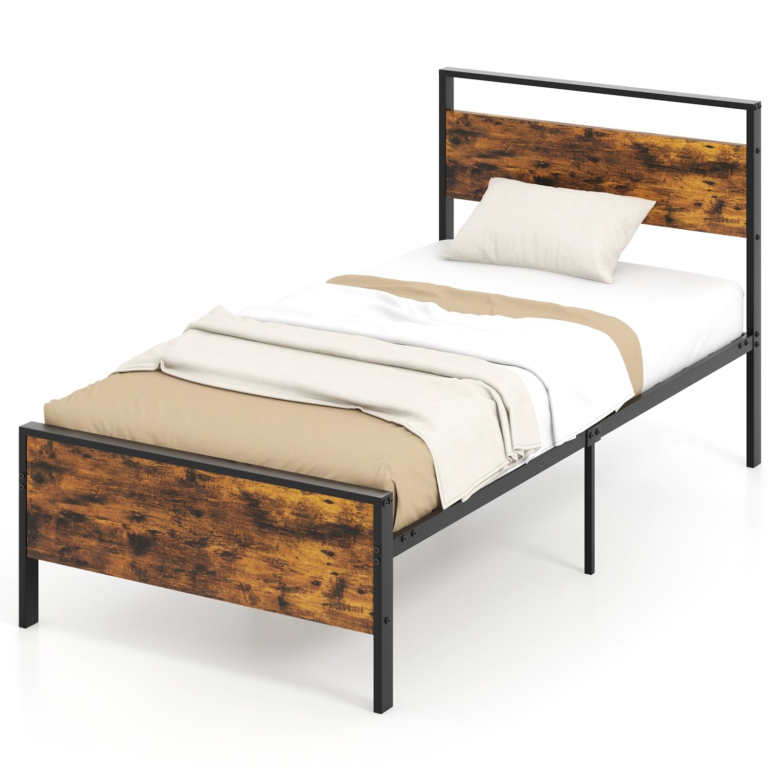KOMFOTT  Metal Bed Frame with Footboard & Headboard  Heavy-Duty Platform Bed
