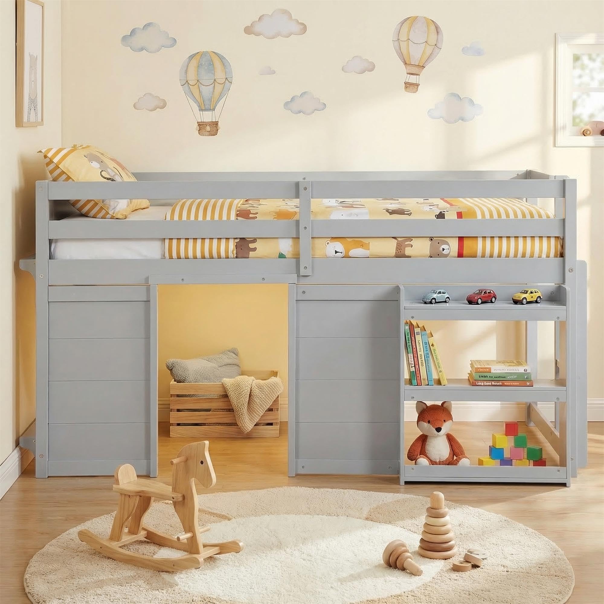 KOMFOTT Twin Low Loft Bed with LED Lights & 2 Doors, Under-Bed Play Space & Storage Bookcase