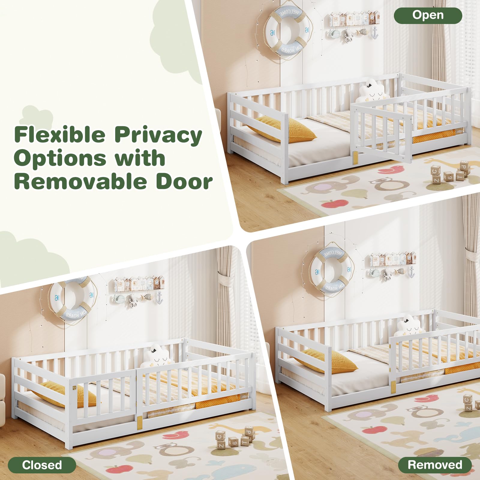 KOMFOTT Twin Size Wood Floor Bed with Door & 21.5” Fence