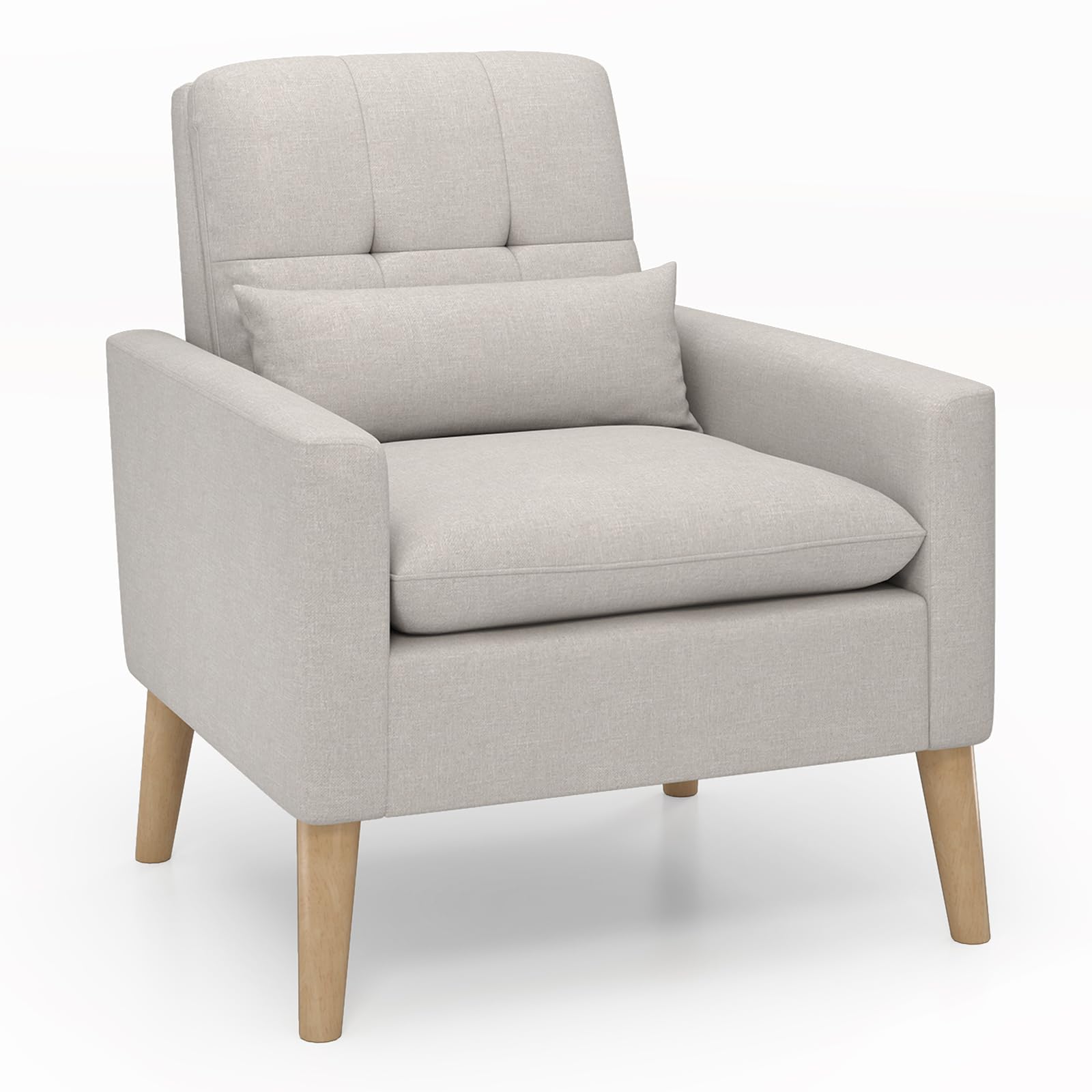 KOMFOTT Modern Linen Accent Chair, Upholstered Tufted Armchair with Lumbar Pillow, Rubber Wood Legs, Padded Cushion