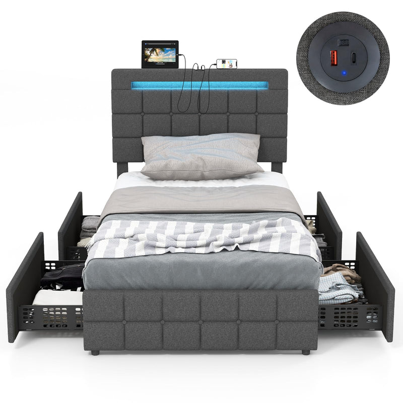 KOMFOTT Bed Frame with Charging Station & LED Lights, Upholstered Platform Bed Frame with Adjustable Headboard & 4 Storage Drawers