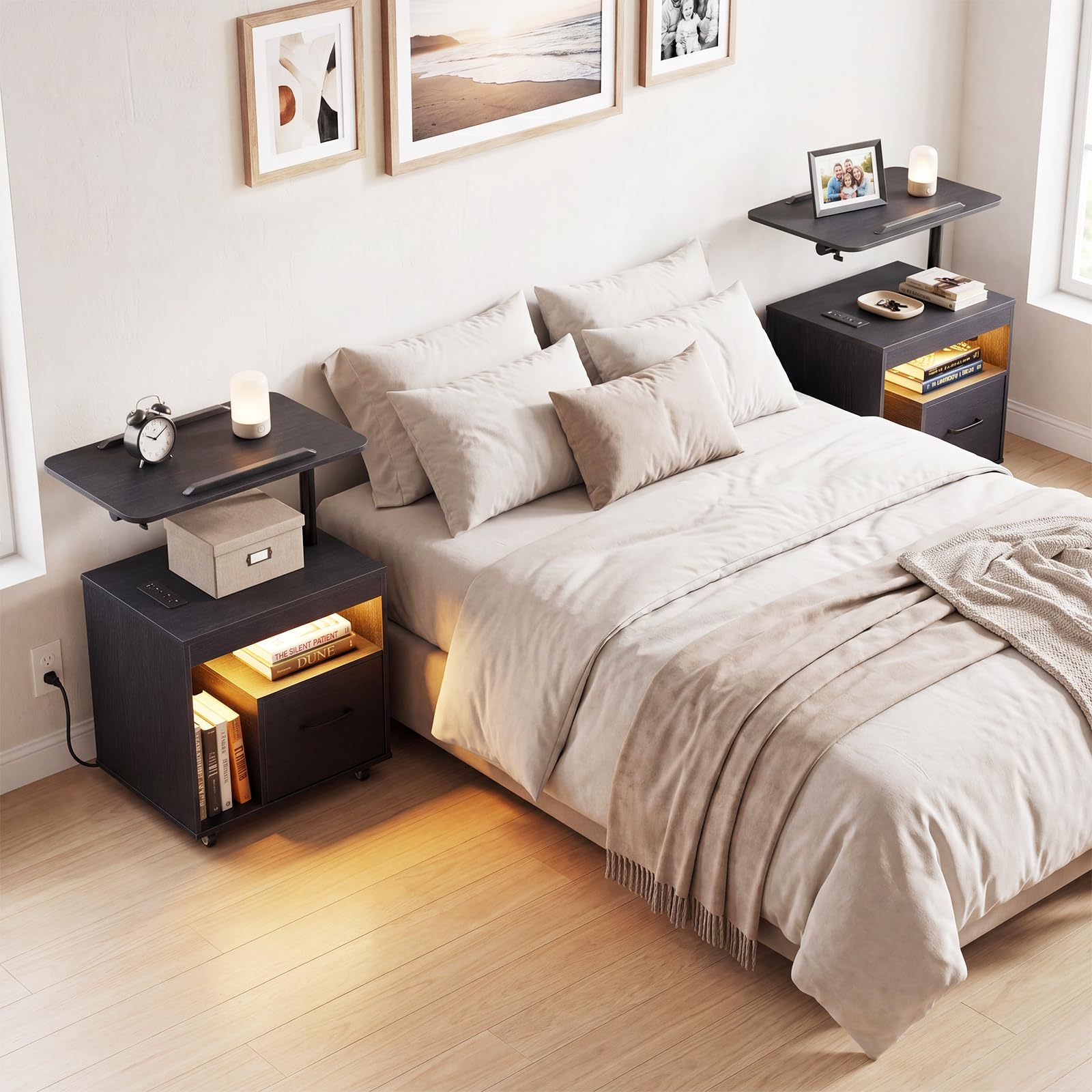 KOMFOTT LED Nightstand with Charging Station Modern Bedside Table(23.5" x 16" x 29.5")