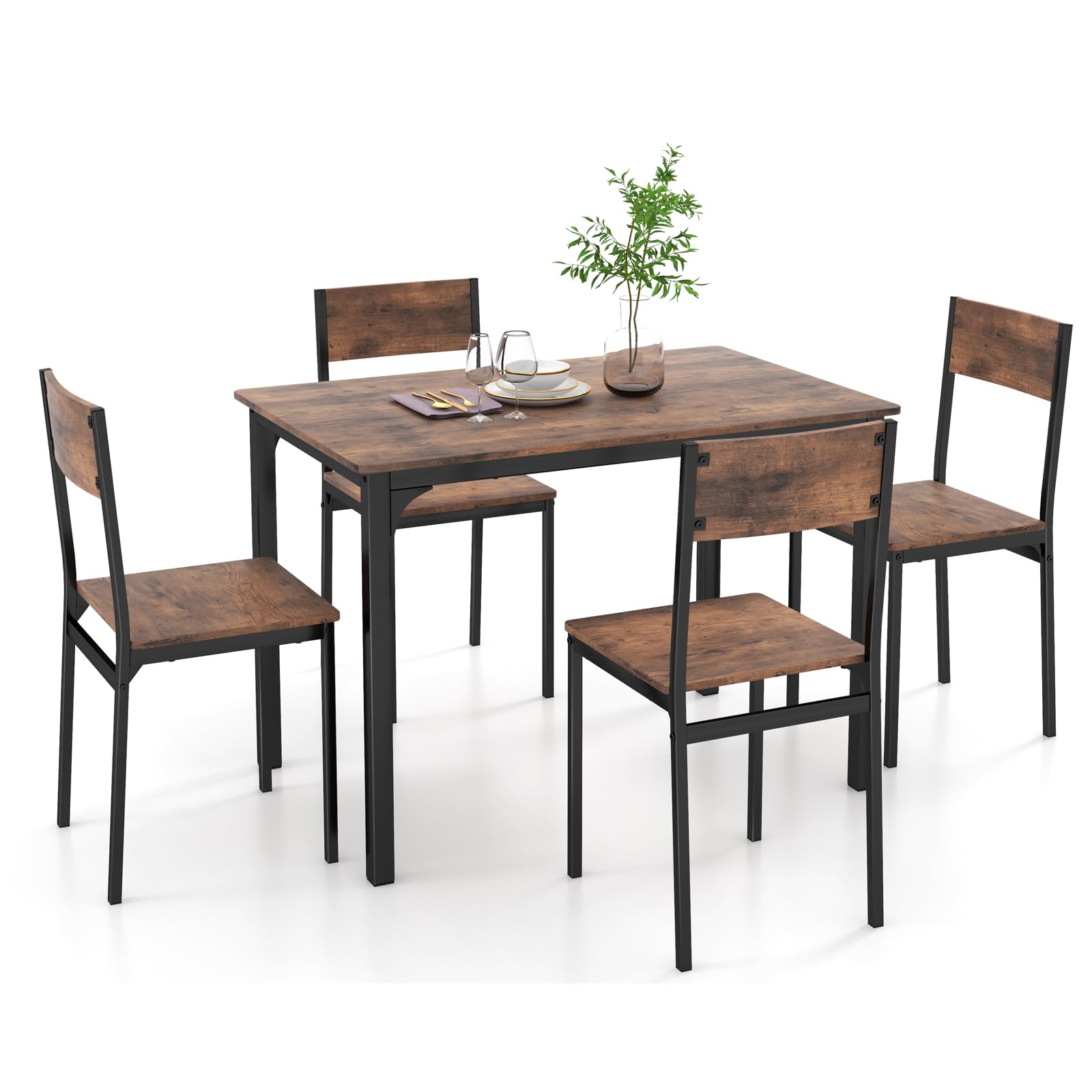 KOMFOTT 5-Piece Dining Table Set, Industrial Kitchen Table and Chairs for 4 with Backrest and Metal Frame, Rectangular Space-Saving Dinette Set