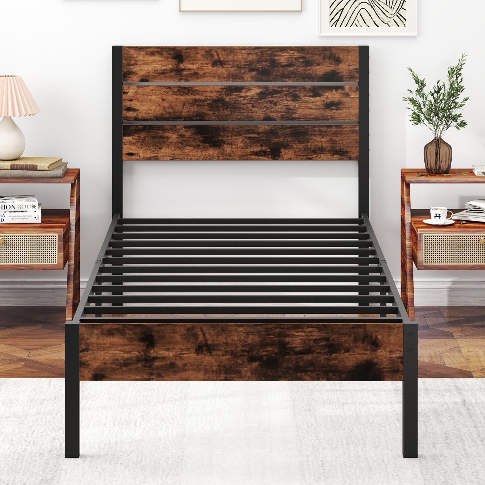 KOMFOTT  Metal Bed Frame Industrial Platform Bed Frame with Headboard