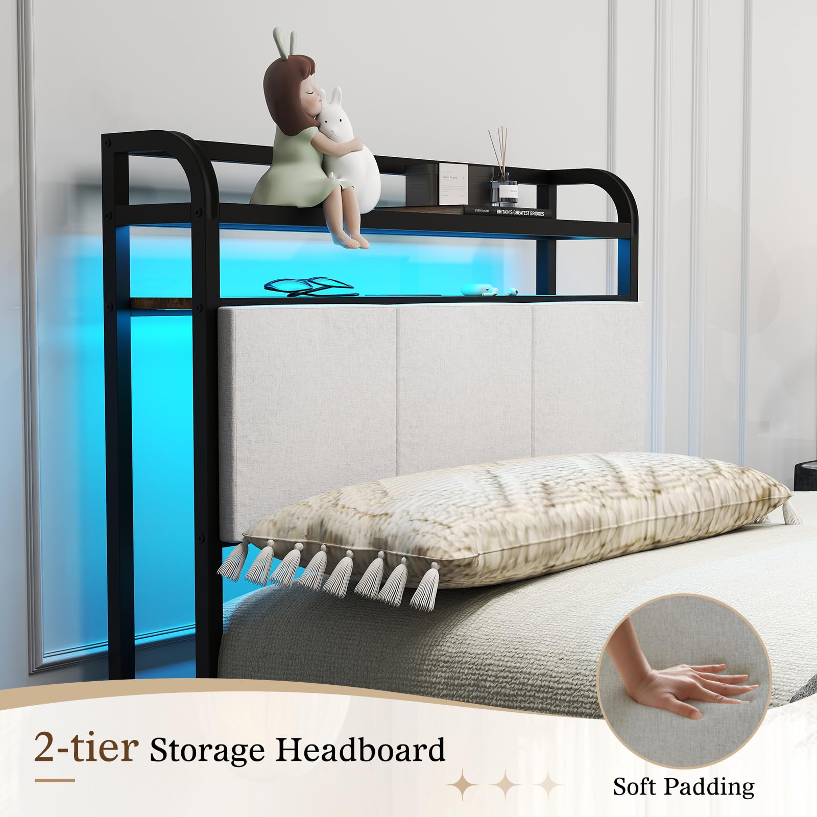 KOMFOTT Metal Bed Frame with Charging Station