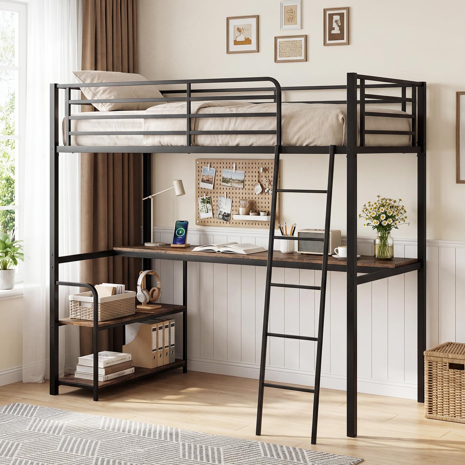 KOMFOTT Twin Loft Bed with Desk & Shelves Heavy Duty Metal Bed Frame