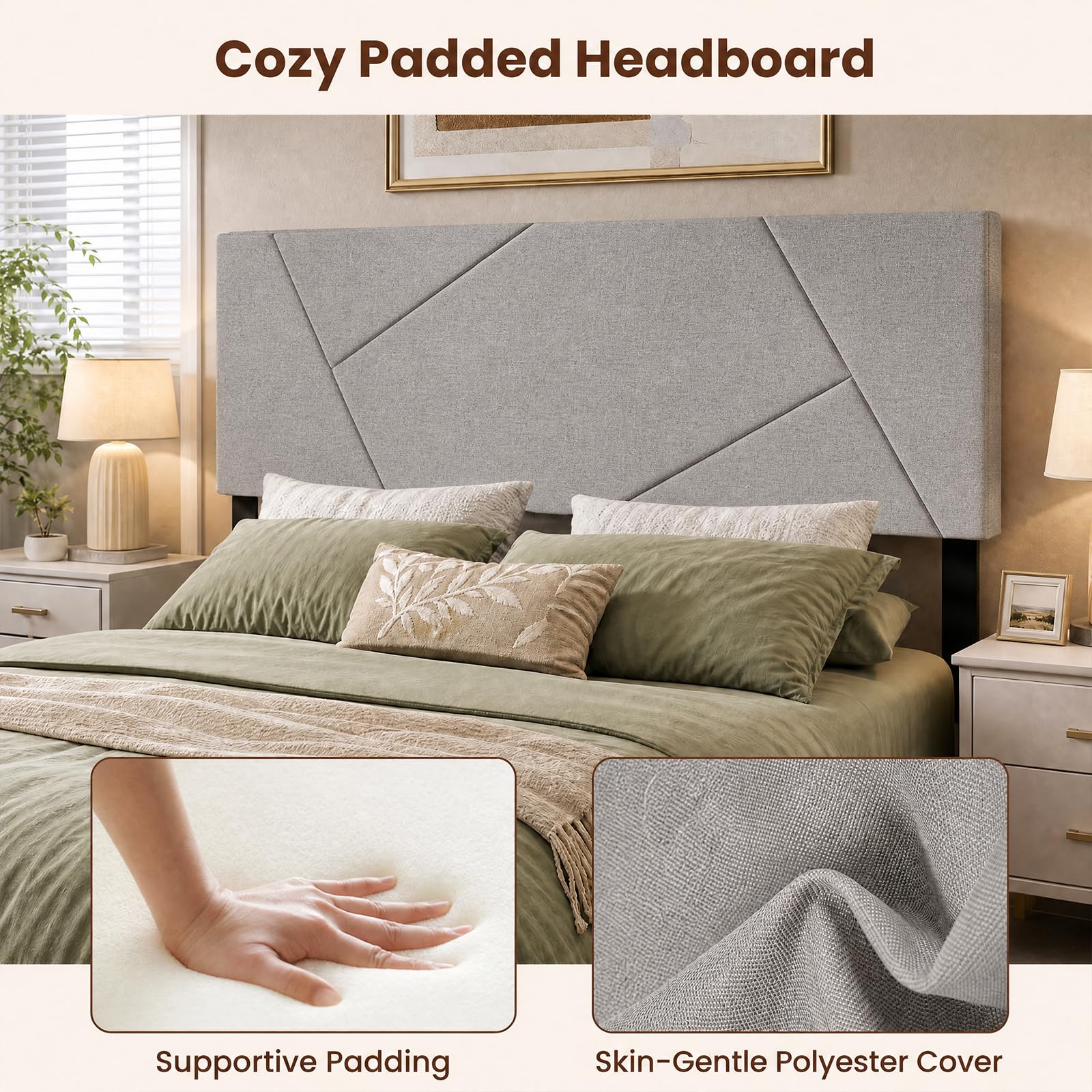 KOMFOTT Upholstered Full & Queen Headboard with Charging Station(Geometric Channel）