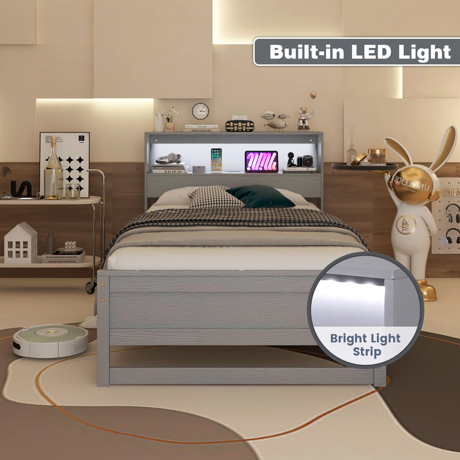 KOMFOTT Twin Size Wood Platform Bed Frame with Charging Station & LED Light