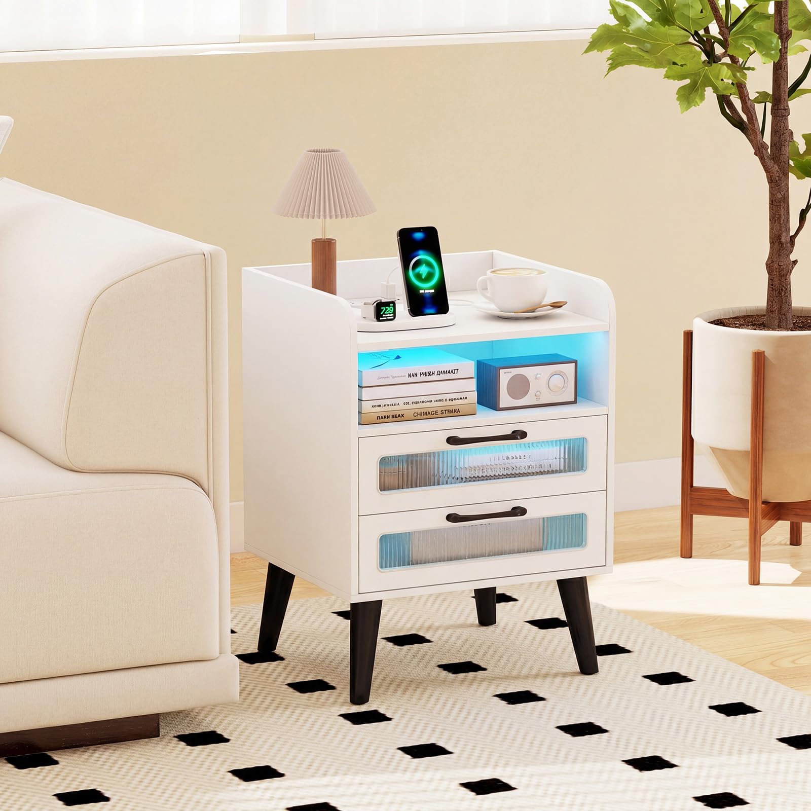 KOMFOTT Nightstand with Charging Station and LED Lights(1/2)