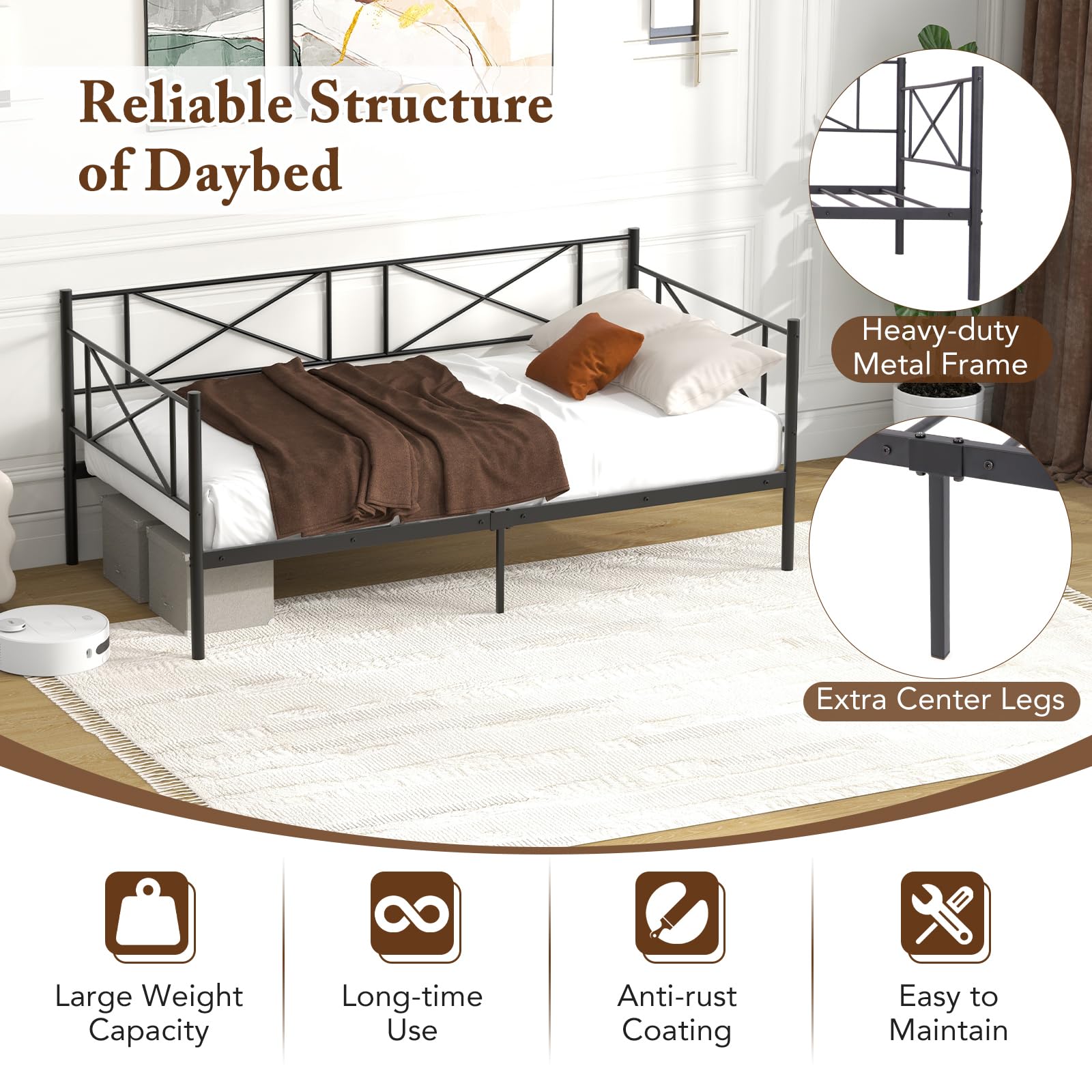 KOMFOTT Twin Size Metal Daybed Frame Modern 2-in-1 Sofa Daybed