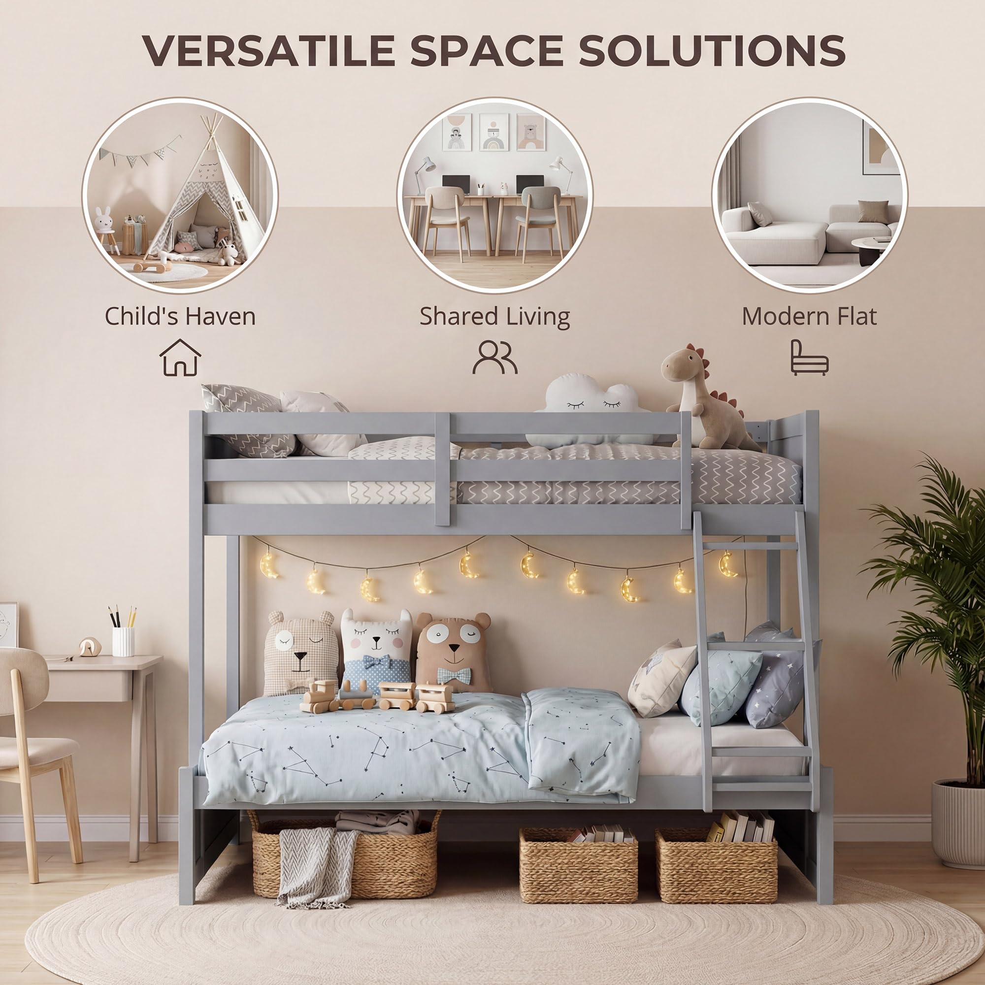 KOMFOTT Twin Over Full Bunk Bed with Full-Length Guardrails