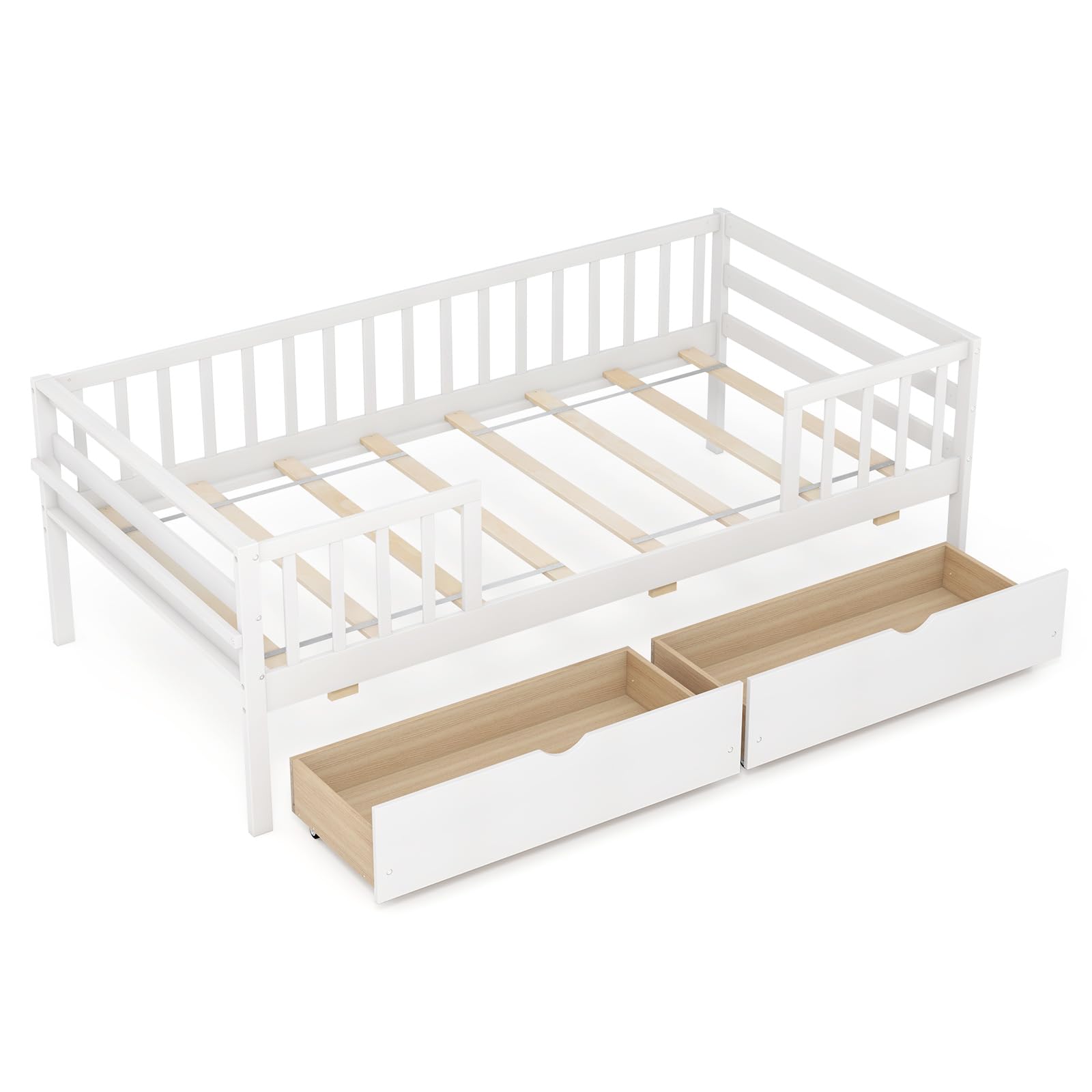 KOMFOTT Wood Twin Bed Frame with Fence Rails & 2 Pull-Out Drawers