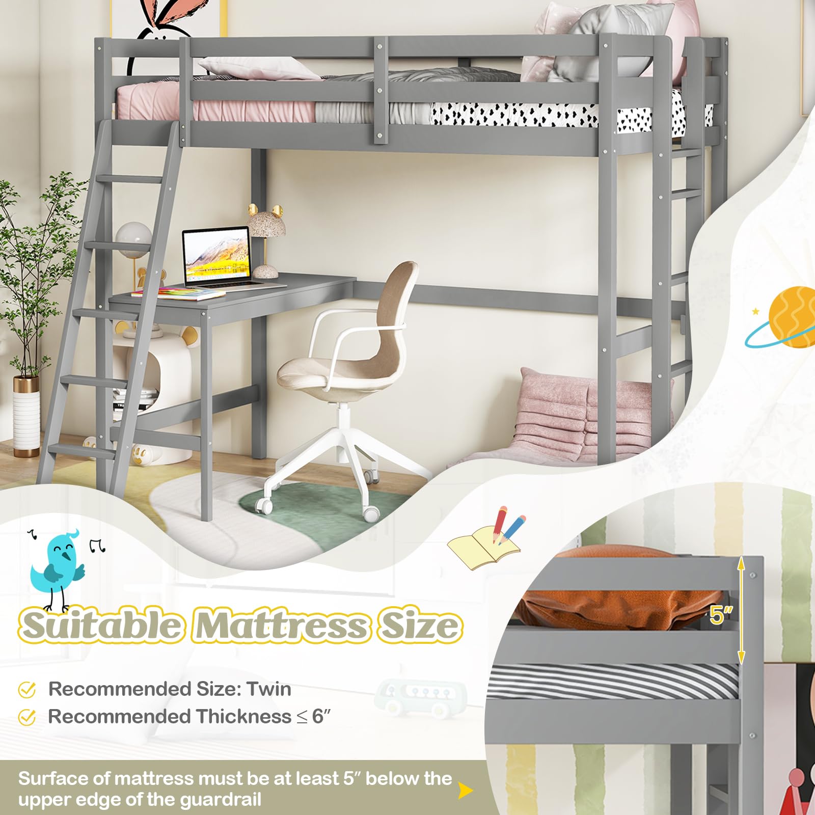 KOMFOTT Twin Loft Bed with Desk