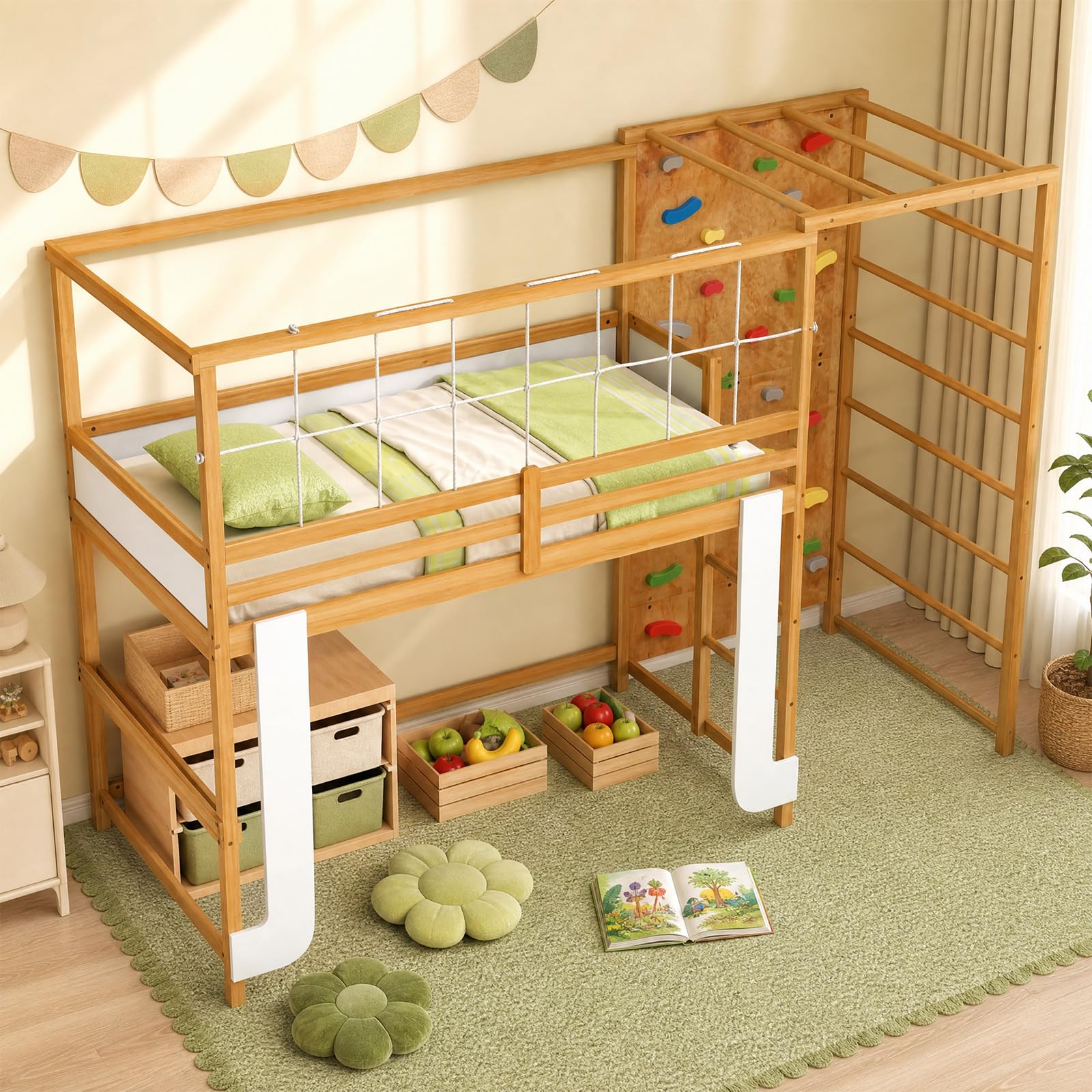 KOMFOTT Twin Bunk Bed with Jungle Gym Kids Loft Bed with Rock Wall