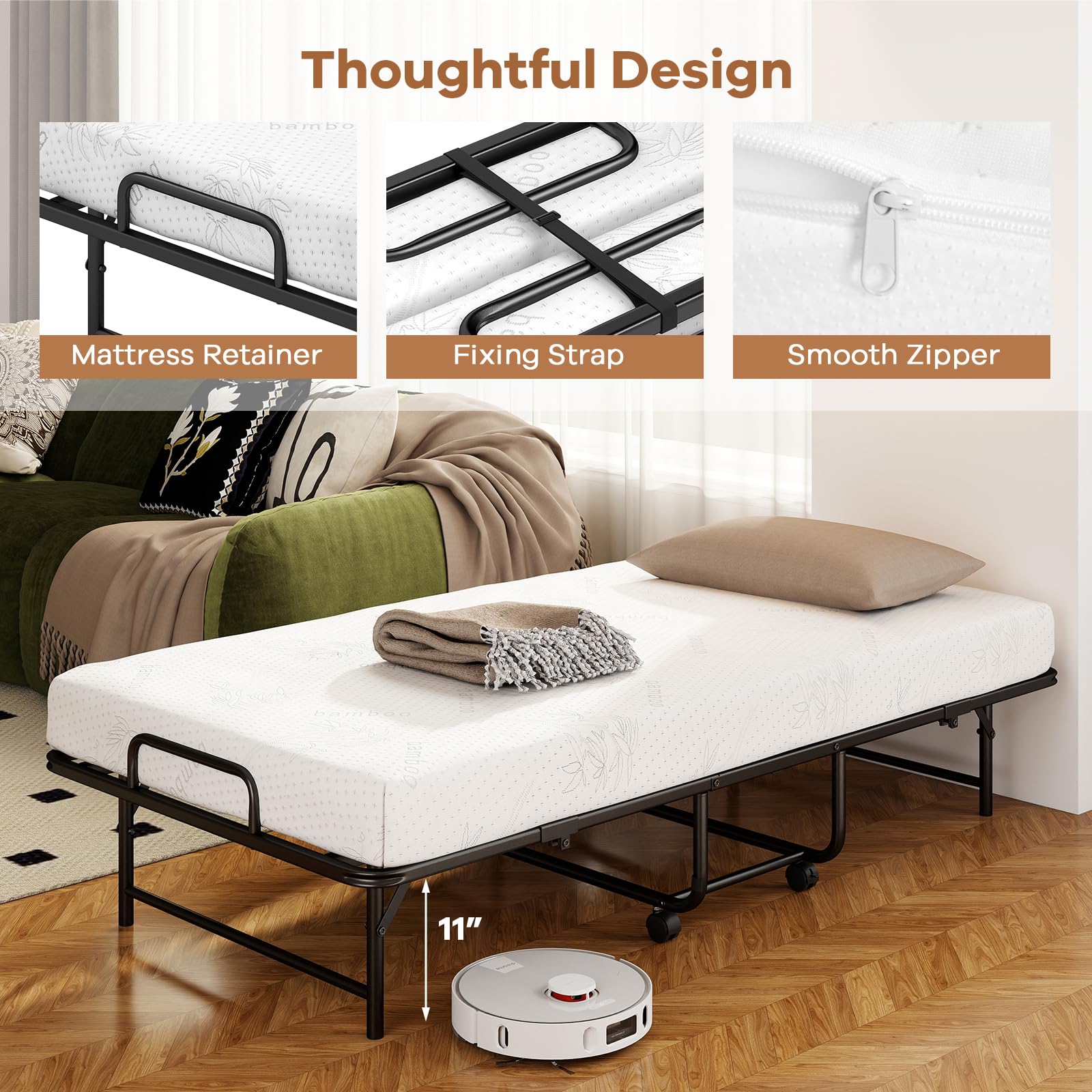 KOMFOTT Twin Size Folding Bed with 5-Inch Mattress 75" x 38" Rollaway Guest Bed