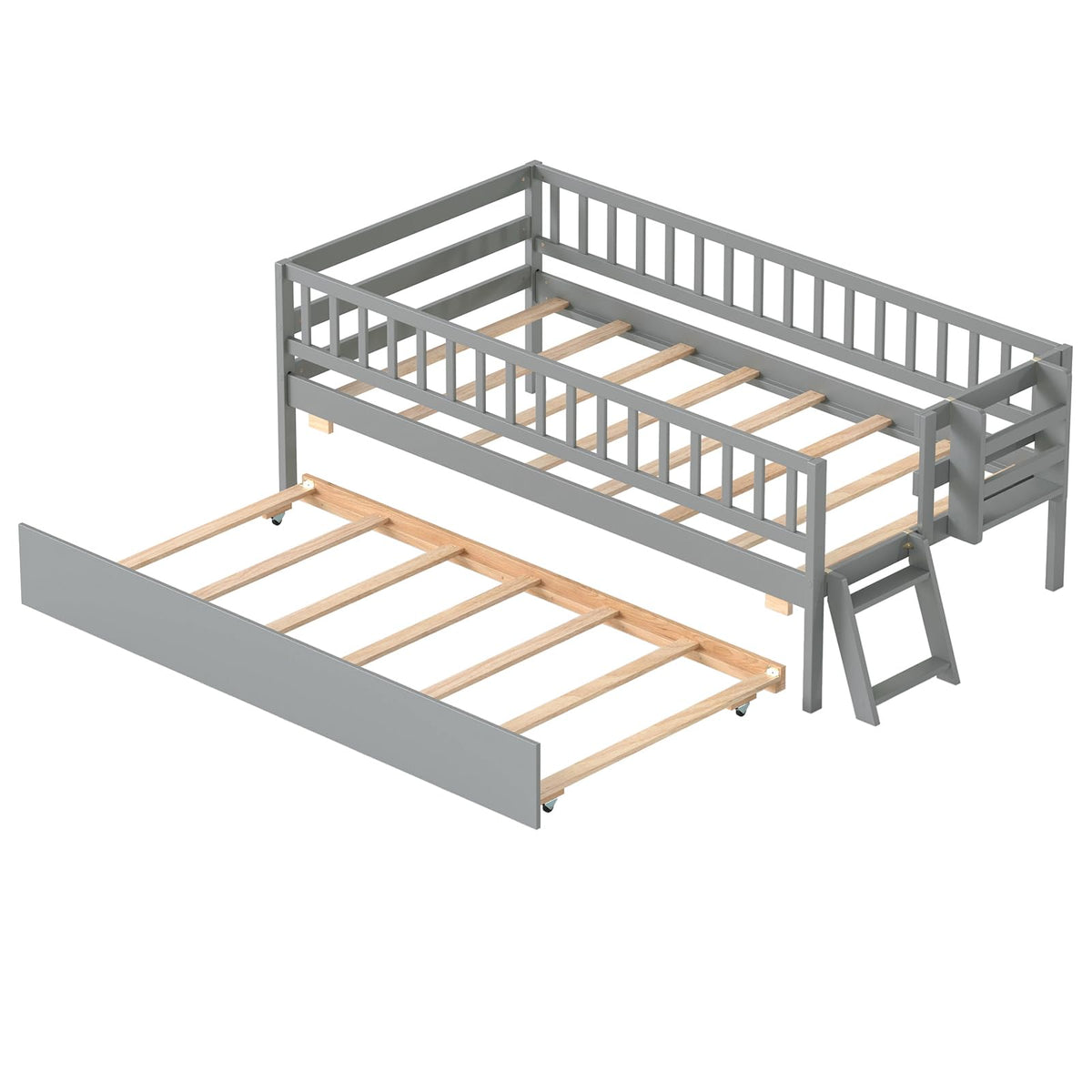 KOMFOTT Twin Bed Frame with Trundle & Bookshelf(with Trundle)