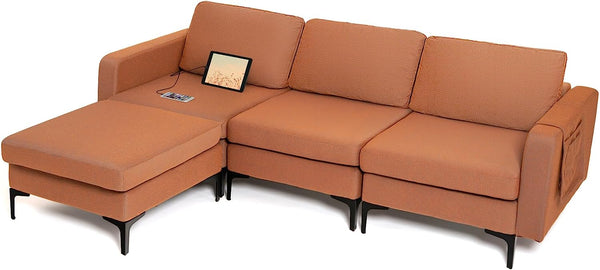 KOMFOTT Convertible Sectional Sofa Couch, 3-Seat L Shaped Couch with Reversible Ottoman, Built-in Socket & USB Ports (Orange)