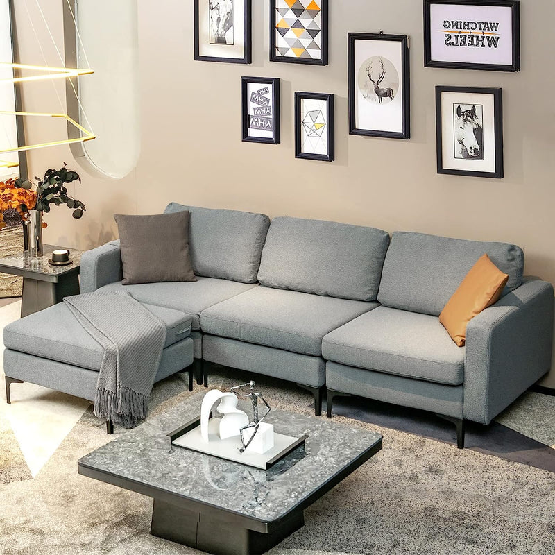 KOMFOTT Convertible Sectional Sofa Couch, 3-Seat L Shaped Couch with Reversible Ottoman, Built-in Socket & USB Ports ( Grey)