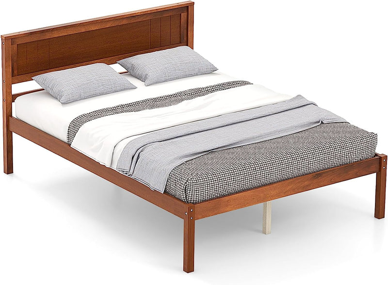 KOMFOTT Wood Platform Bed Frame with Headboard, Solid Wood Bed Frame with Slat Support (Full, Walnut)
