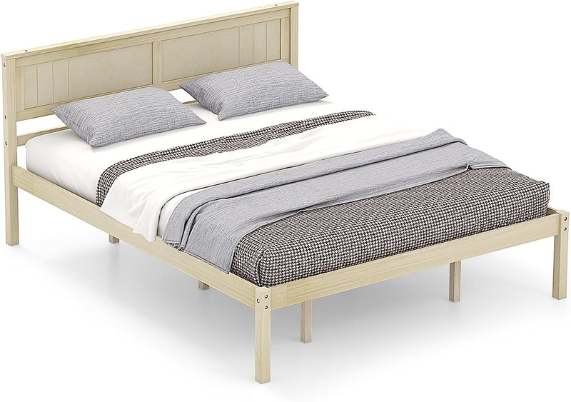 KOMFOTT Wood Platform Bed Frame with Headboard, Solid Wood Bed Frame with Slat Support