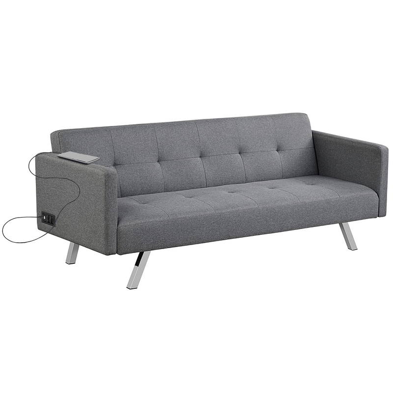 Modern 3 Seat Convertible Futon Sofa Bed with USB and Power Strip