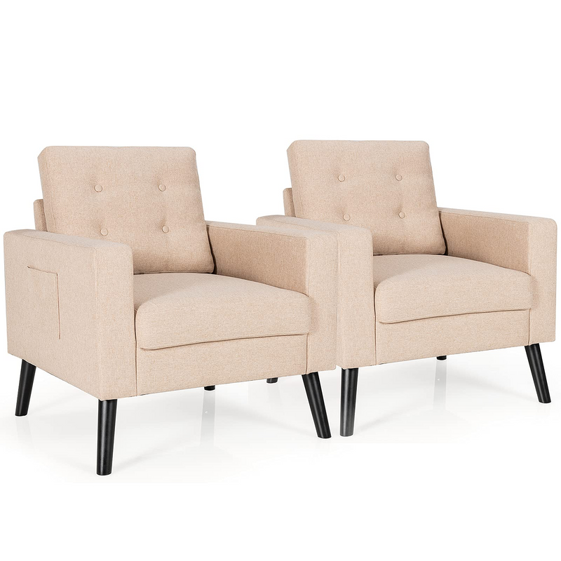 Linen Fabric Armchairs with Side Pockets and Wood Legs | Modern Accent Chair