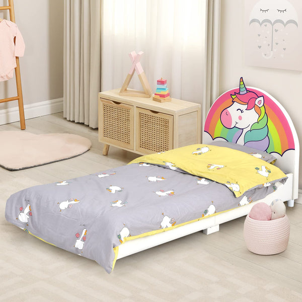 KOMFOTT Kids Bed, Toddler Upholstered Platform Floor Bed w/Headboard & Wooden Slat Base