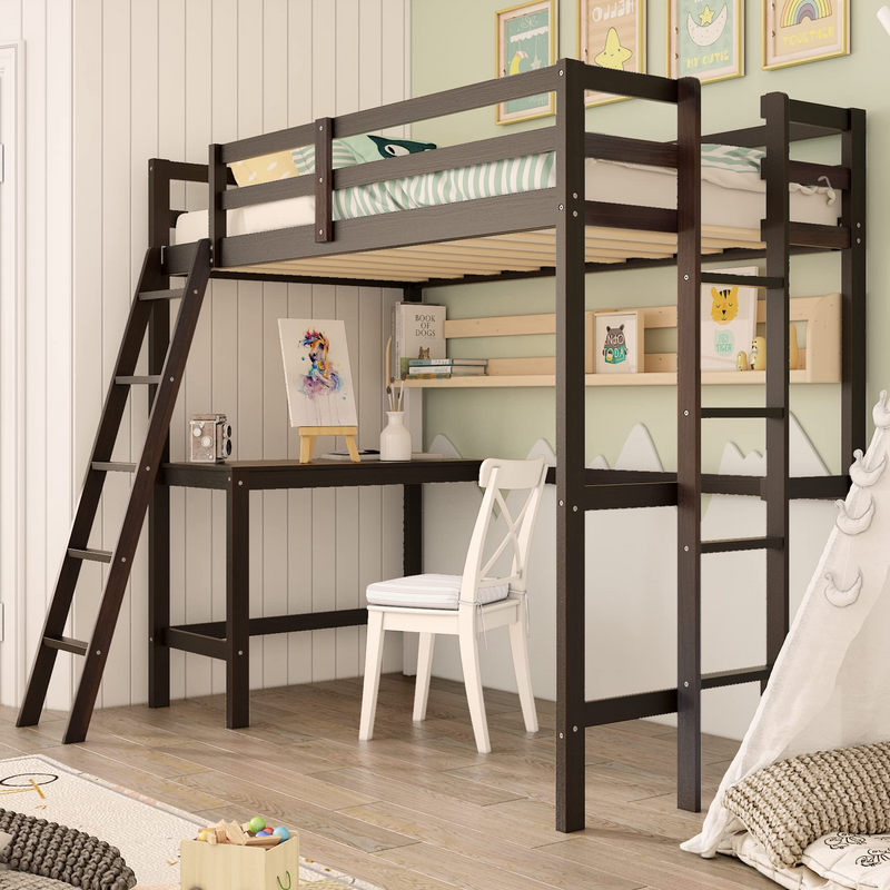 KOMFOTT Twin Loft Bed with Desk, Solid Wood Loft Bed Frame with 2 Ladders, Safety Guardrail for Teenagers and Adults