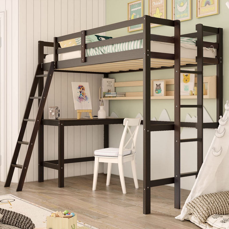 Twin Loft Bed w Desk 2 Ladder Safety Guardrail KOMFOTT