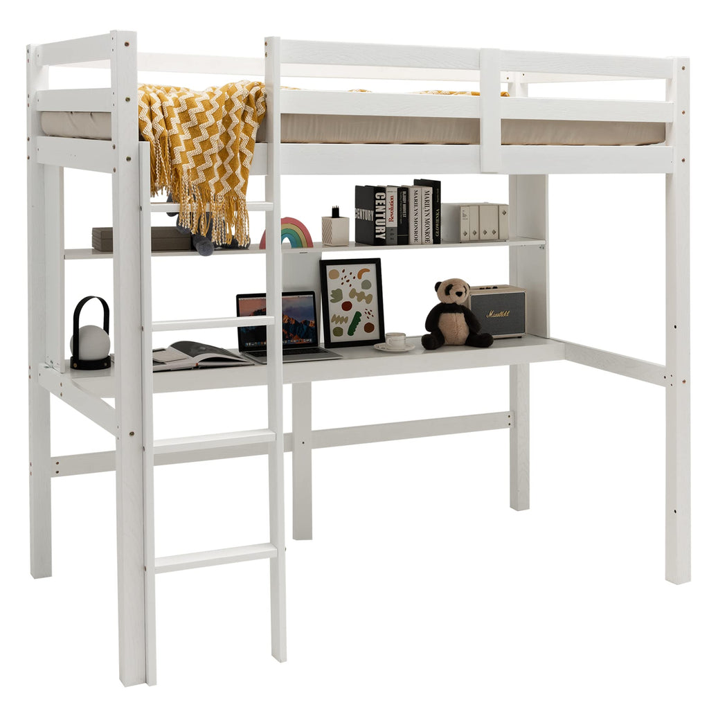 KOMFOTT Twin Montessori Floor Bed With Bookshelf - Solid Pine Wood Kids Bed Frame With Guardrails (White) - View #4