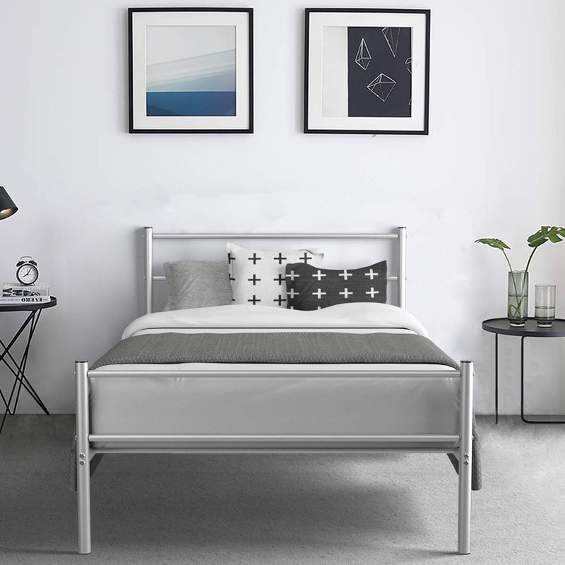 Metal Bed Frame Twin Size, Platform Bed with Headboard and Footboard (Silver)