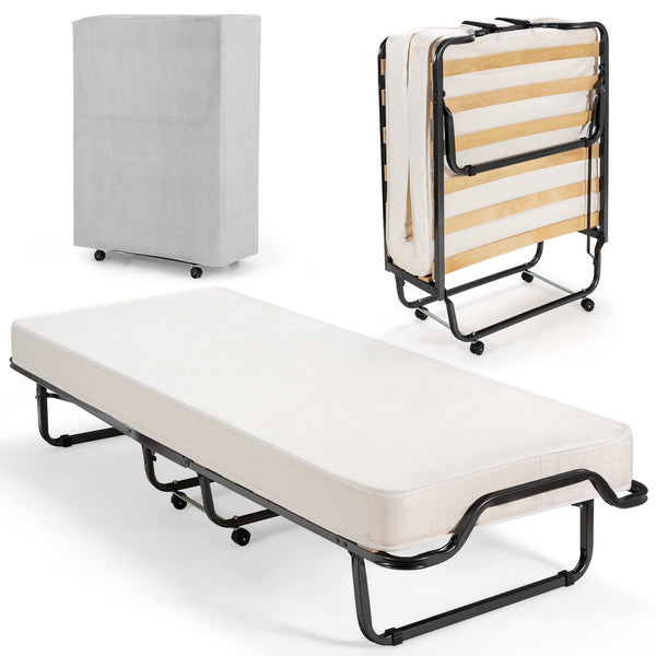 KOMFOTT Folding Bed with 4 Inch Mattress, Rollaway Guest Bed w/Memory Foam & Sturdy Steel Frame