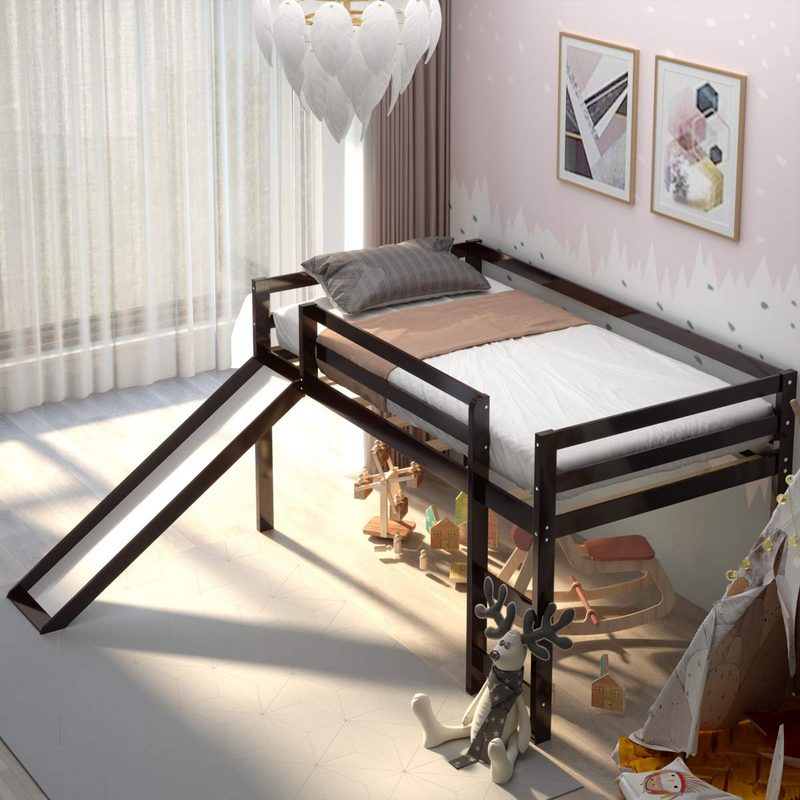 KOMFOTT Twin Loft Bed with Slide, Wood Low Loft Bed with Ladder & Guard Rail