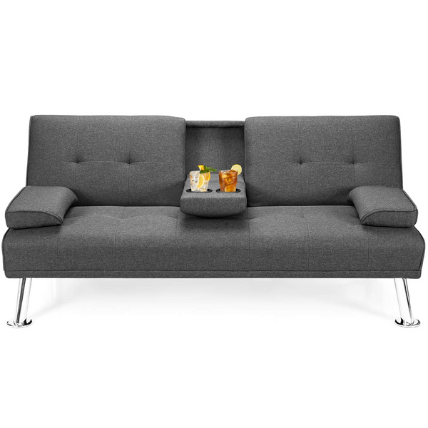 Modern Convertible Linen Upholstered Futon Sofa Bed w/ Metal Leg