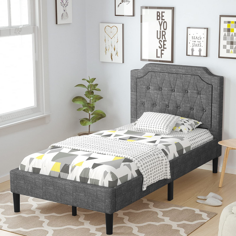 Twin Size Bed Frame, Upholstered Bed Base with Button Stitched Headboard