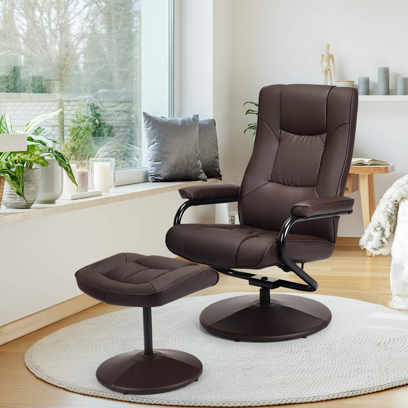 Komfott Recliner Chair w/Ottoman, 360 Degree Swivel PU Leather Armchair w/Footrest