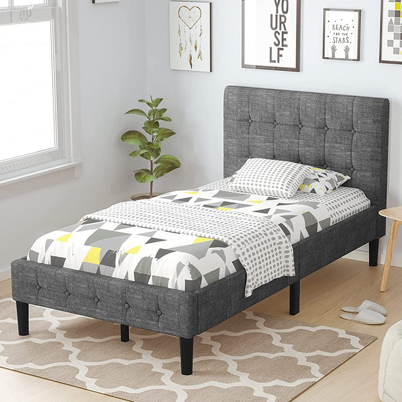 Upholstered Bed Frame, Platform Bed with Button Tufted Headboard