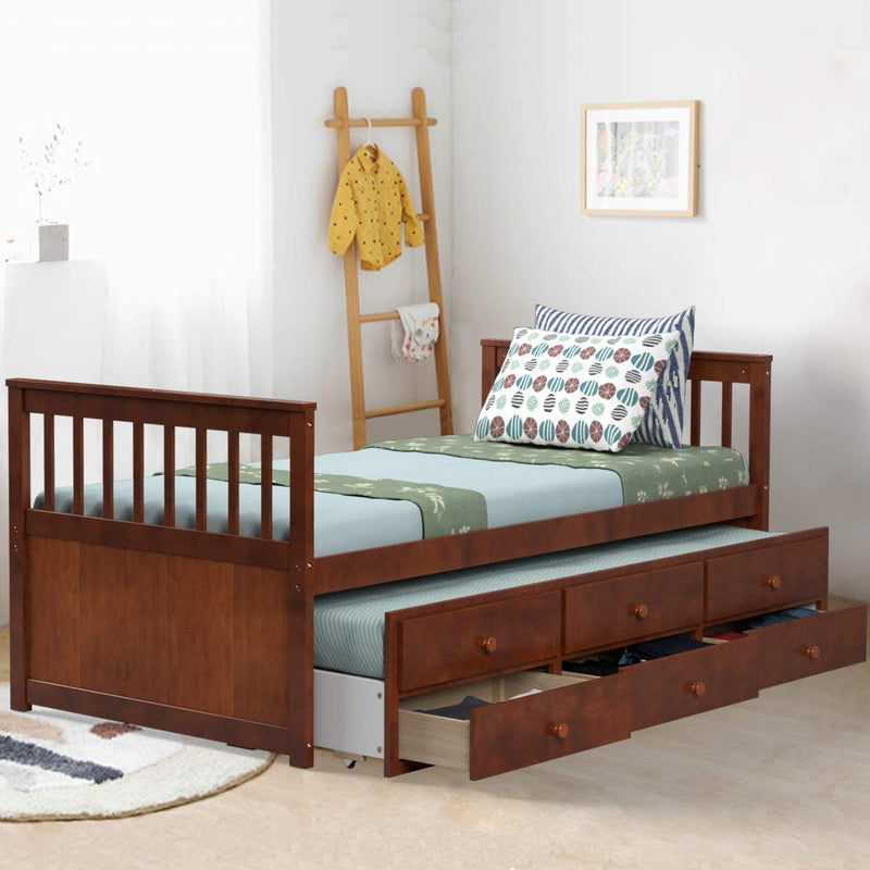 Twin Captain’s Bed with Trundle Bed, Wood Storage Daybed with 3 Storage Drawers