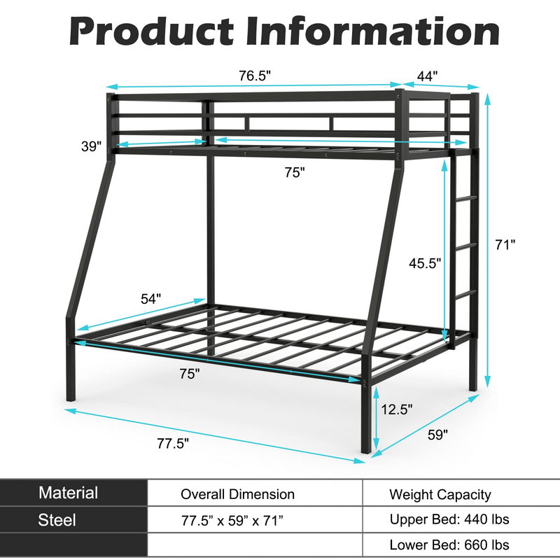 KOMFOTT Metal Bunk Bed Twin-Over-Full, Heavy Duty Metal Bed Frame with Safety Rail & Ladder