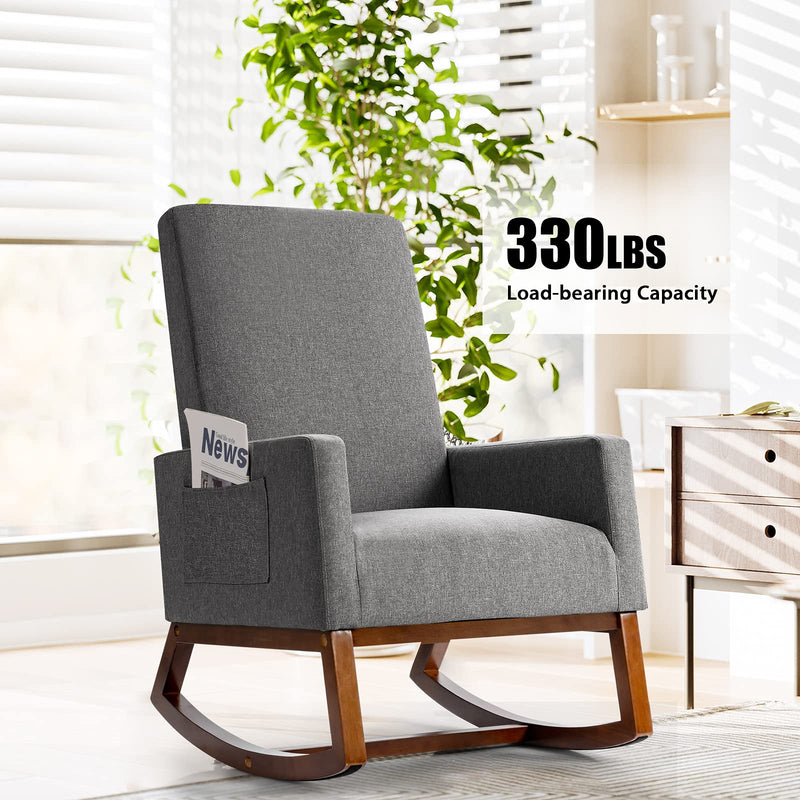Rocking Chair High Back Upholstered Lounge Armchair w/Side Pocket